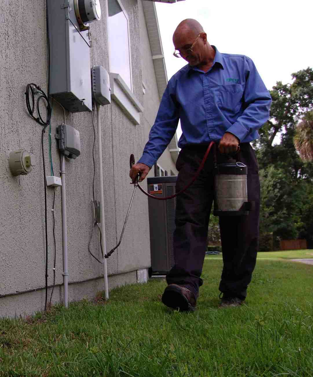 A Technician Sprays Pesticides on the Outside Walls of a House for Pest Prevention in Orlando, FL